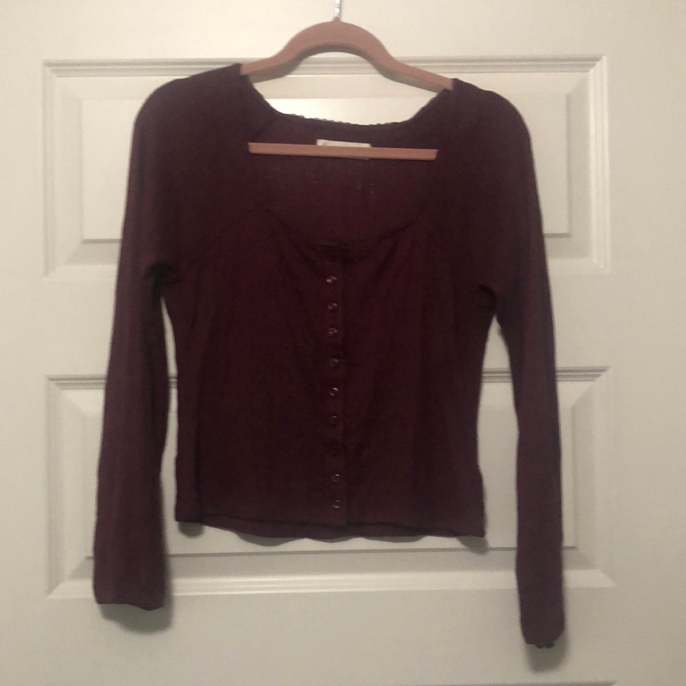 Lucky Brand Red Buttoned Fitted Long Sleeve Blouse